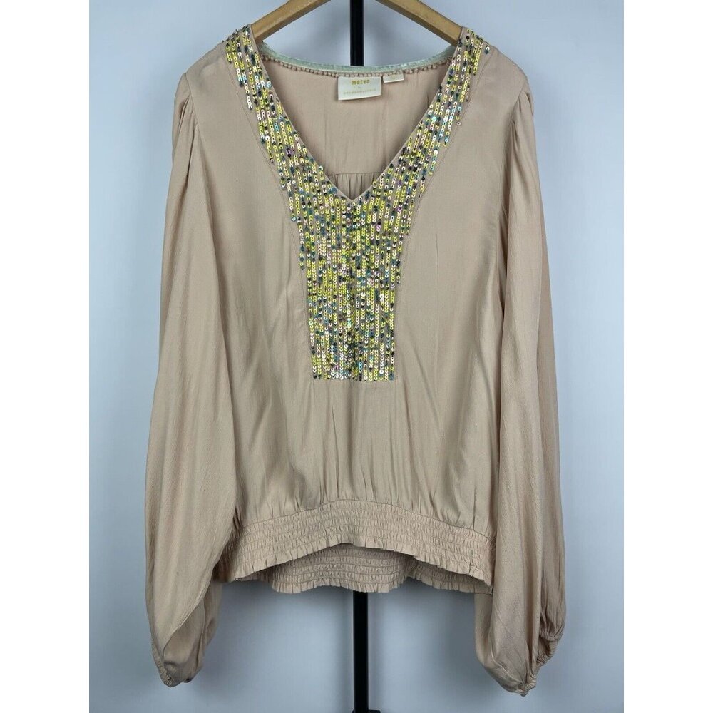 Maeve Anthropologie Cream Kristie Long Balloon Sleeve Sequin‎ Peasant Blouse S